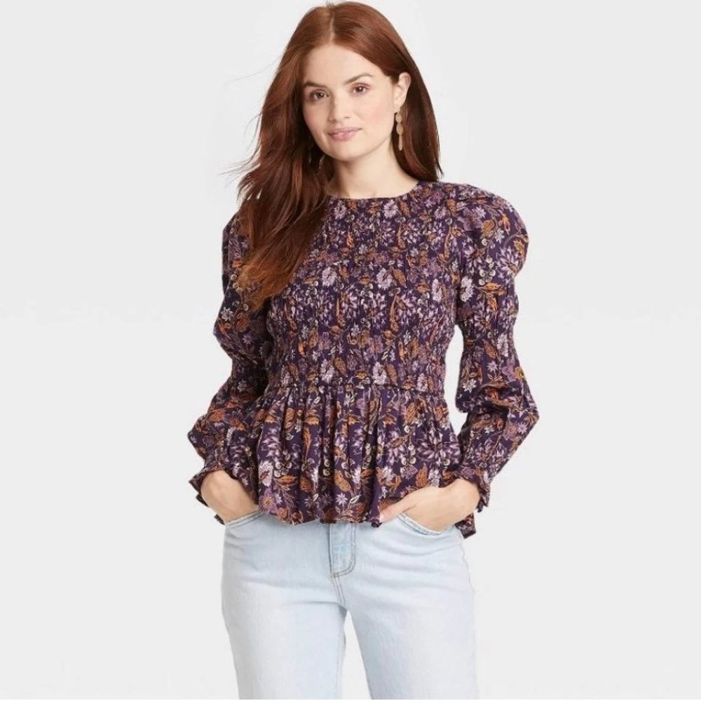 Universal Thread Women's Large Purple & Navy LS Floral Print Smocked Blouse Top